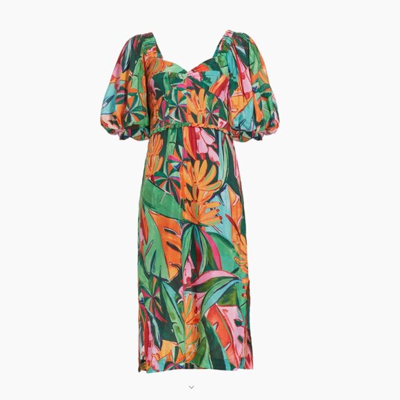 FARM Rio | NWT Banana & Foliage Print Puff Sleeve Midi Dress, Size S ๐ง๐ท - Picture 3 of 15